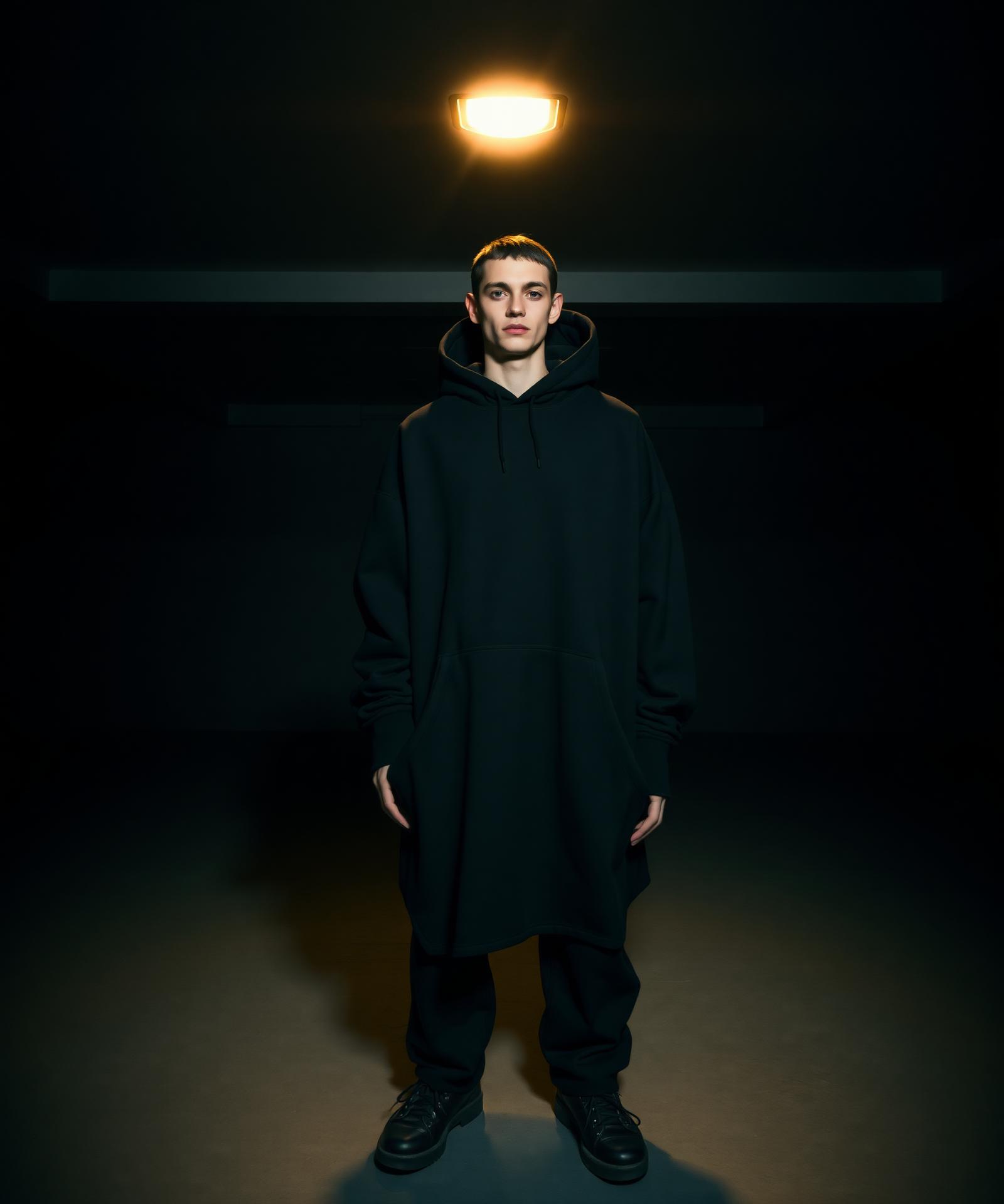 Model in oversized washed hoodie under a tungsten spotlight
