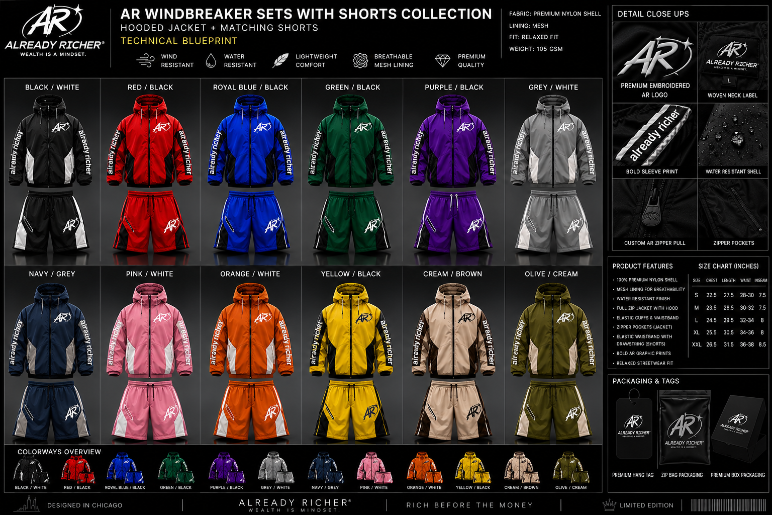 AR Windbreaker Set with Shorts — full colorway sheet with corrected ALREADY RICHER sleeve print
